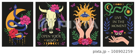 Mystical posters. Snake with rose flowers, female hands hold sun, cosmic energy, vintage magic hippy symbols. Astrology celestial in bohemian style. Tarot cards cover. Vector illustration Mystical posters. Snake with rose flowers, female hands hold sun, cosmic energy, vintage magic hippy symbols. Astrology celestial in bohemian style. Tarot cards cover. Vector illustration 108902259