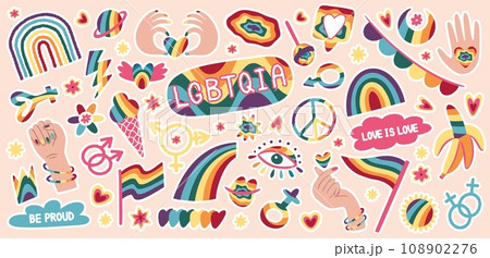 Pride icons. LGBT community. LGBTQIA rainbow. Gay and queer patch. LGBTQ and trans retro flag. People diversity. Raised hands fist. Hippie peace. Rights and freedom. Vector stickers set 108902276