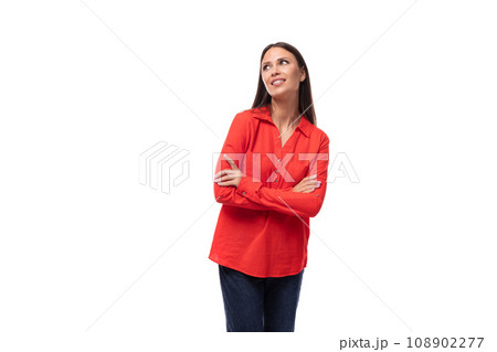 young confident brunette secretary woman dressed in a red shirt clasped her hands in front of her on 108902277