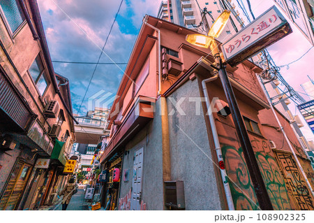日本の東京都市景観11月。三軒茶屋駅すぐの飲み屋街、ゆうらく通りなどを望む 108902325