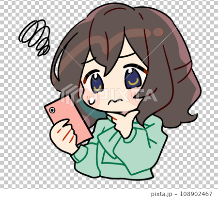 一個可愛的女人看著她的智慧型手機思考的插圖素材 一個可愛的女人看著她的智慧型手機思考的插圖素材 108902467