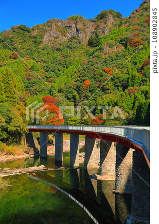 【大分県】晴天の耶馬渓の紅葉（第二山国川鉄橋） 108902845
