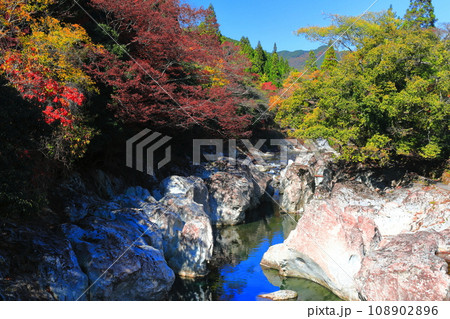 【大分県】快晴の猿飛千壺峡の紅葉（奥耶馬渓） 108902896