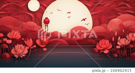 Chinese New year Background, Papercut Art style, moon and lotus, Lunar New Year Celebration, Copy space for text, AI Generative 108902915