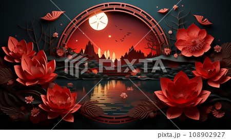 Chinese New year Background, Papercut Art style, moon and lotus, Lunar New Year Celebration, Copy space for text, AI Generative 108902927