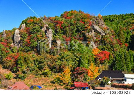 【大分県】晴天の耶馬渓の紅葉（立羽田の景） 108902928