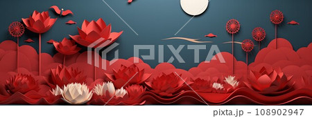 Chinese New year Background, Papercut Art style, moon and lotus, Lunar New Year Celebration, Copy space for text, AI Generative 108902947
