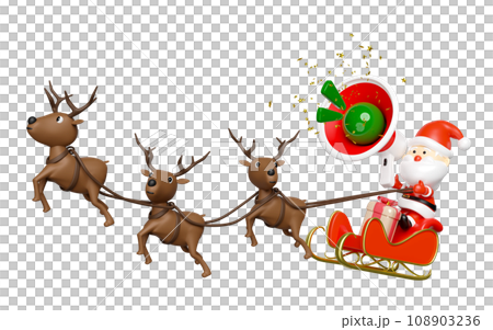 3d reindeer with Santa Claus, sleigh, gift box, megaphone or hand speaker, announce promotion news. merry christmas and happy new year, 3d render illustration 108903236