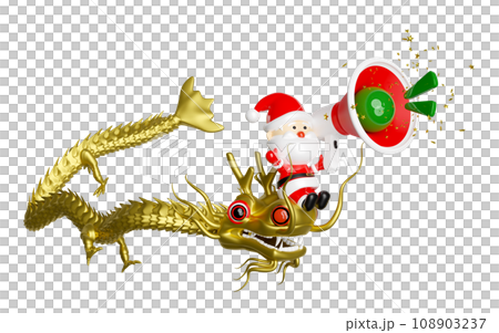 3d gold santa claus riding a dragon with megaphone or hand speaker, announce promotion news. merry christmas and happy new year, 3d render illustration 108903237