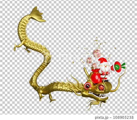 3d gold santa claus riding a dragon with gift bag, gift box, megaphone or hand speaker, announce promotion news. merry christmas and happy new year, 3d render illustration 108903238