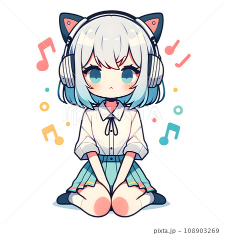 ヘッドフォンで音楽を聴く女の子、シンプルでかわいいイラスト ヘッドフォンで音楽を聴く女の子、シンプルでかわいいイラスト 108903269
