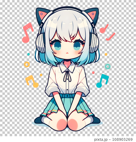 Girl listening to music with headphones, simple and cute illustration Girl listening to music with headphones, simple and cute illustration 108903269