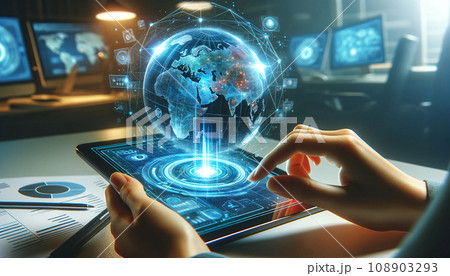 Hand Using Tablet with 3D Holographic Globe Display Hand Using Tablet with 3D Holographic Globe Display 108903293