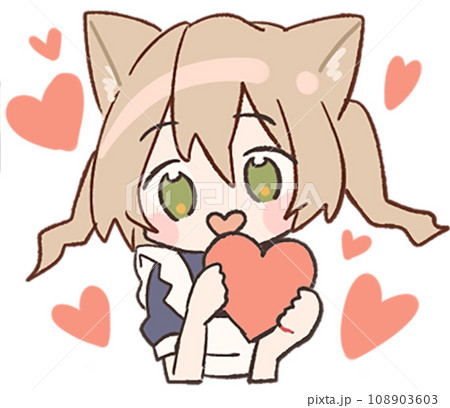 猫耳ツインテールメイドがハートを持ったかわいいスタンプイラスト 108903603