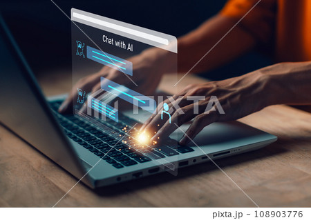 AI Chatbot. Businessman using computer with artificial intelligence with command prompt for generate. Technology links information digital marketing, innovation futuristic, big data. 108903776