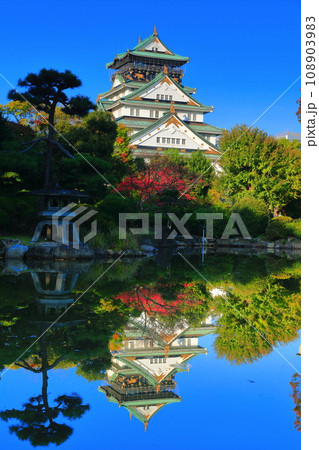 【大阪府】シンメトリーな大阪城と紅葉（本丸日本庭園） 108903983