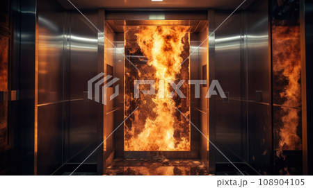 Fire engulfs an elevator, emphasizing the critical need for immediate response and safety measures. Fire engulfs an elevator, emphasizing the critical need for immediate response and safety measures. 108904105