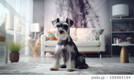 Portrait of a Miniature Schnauzer dog in an apartment, home interior, love and care, maintenance. Lavender 108904194