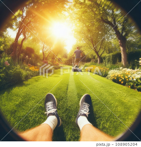 Summer and spring season sunny lawn mowing in the garden Summer and spring season sunny lawn mowing in the garden 108905204