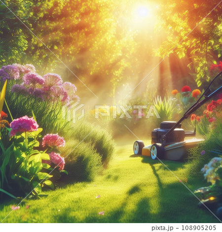 Summer and spring season sunny lawn mowing in the garden Summer and spring season sunny lawn mowing in the garden 108905205