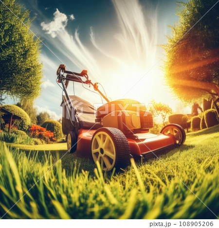 Summer and spring season sunny lawn mowing in the garden 108905206