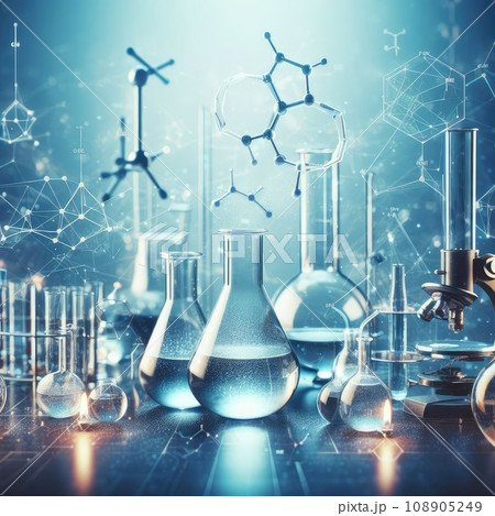 Chemical experiment concept. Laboratory equipment. Blue background 108905249