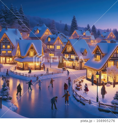 A quaint, snow-covered village at dusk. The scene features twinkling lights from cozy cottages, a frozen pond with people ice-skating, and snow-capped trees 108905276