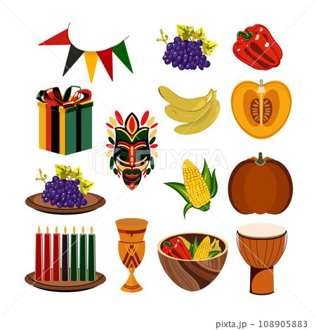 seven Kwanzaa candles kinara harvest bowl gifts on an isolated white background, hand-drawn seven Kwanzaa candles kinara harvest bowl gifts on an isolated white background, hand-drawn 108905883