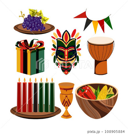 seven Kwanzaa candles kinara harvest bowl gifts on an isolated white background, hand-drawn.  108905884