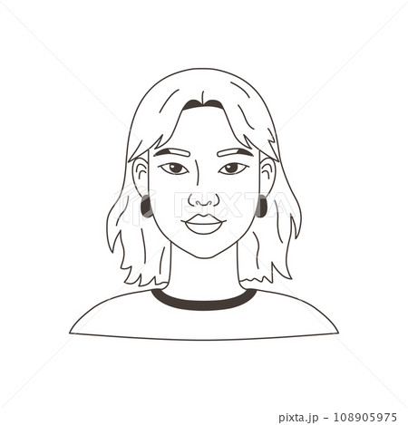 Portrait of Asian woman in doodle hand drawn style. Avatar of girl, face, head, sketch, lines, outline for design. Simple icon isolated vector illustration. Portrait of Asian woman in doodle hand drawn style. Avatar of girl, face, head, sketch, lines, outline for design. Simple icon isolated vector illustration. 108905975