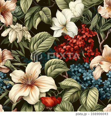 Colorful seamless pattern design of flowers, branches and buds in vintage painting style. Earth tone color palette. Generative AI. 108906043