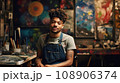 Portrait of disabled male artist on wheelchair on the background of art studio 108906374