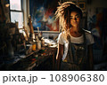 Portrait of young passionate female artist in her mid-20s, wearing a worn-out denim apron 108906380