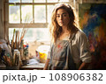 Portrait of young passionate female artist in her mid-20s, wearing a worn-out denim apron 108906382