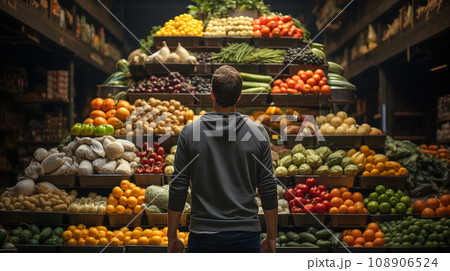Young Adult Man Standing Amid A Towering Bountiful Display of Fresh Produce. Generative AI. 108906524