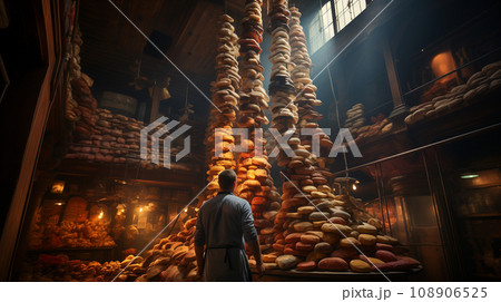 Young Adult Man Standing Amid A Towering Bountiful Display of Endless Fresh Breads, Baked Goods and Abundant Meats and Cheese. Generative AI. 108906525