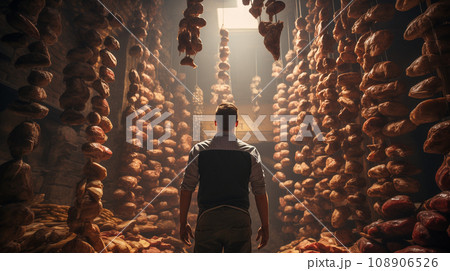 Young Adult Man Standing Amid A Towering Bountiful Display of Endless Fresh Breads, Baked Goods and Abundant Meats and Cheese. Generative AI. 108906526