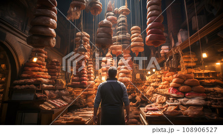 Young Adult Man Standing Amid A Towering Bountiful Display of Endless Fresh Breads, Baked Goods and Abundant Meats and Cheese. Generative AI. 108906527