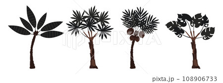 Set of palm trees: coconut and banana. Large carved leaves and dark trunks. Plants. Vector illustration. Set of palm trees: coconut and banana. Large carved leaves and dark trunks. Plants. Vector illustration. 108906733