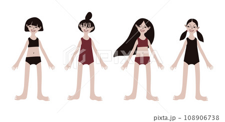 Four Asian girls in swimsuits. Children. Kids. Diversity.Diversity. Pale skin and dark hair. Vector illustration in flat style 108906738