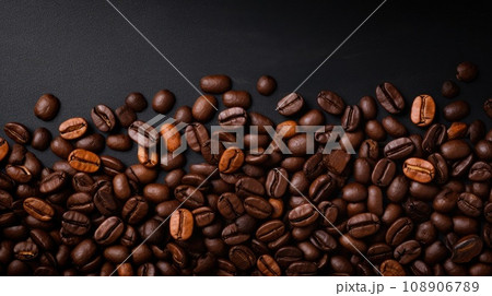 Coffee beans on dark background, top view 108906789