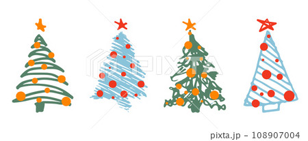 Set of Christmas tree. Sketch hand drawn xmas pattern. Doodle childlike silhouette art. Winter New year holiday firs, decor elements on isolated background. Vector vintage illustration. 108907004