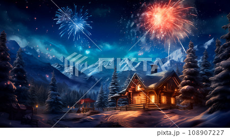 Winter village landscape with pine forest. Small fairy-tale house covered with snow.Fireworks in the sky in honor of New Year's Day and Merry Christmas 108907227