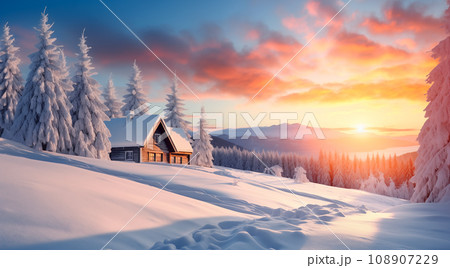 Christmas scene of picturesque landscape with small wooden log cabin on a snow meadow on sunrise time. Snowy hills Christmas scene of picturesque landscape with small wooden log cabin on a snow meadow on sunrise time. Snowy hills 108907229