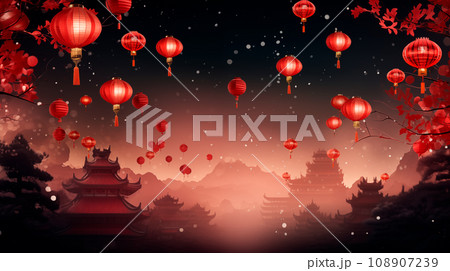Traditional red Chinese lanterns in the air at night during Chinese Lunar New Year Festival near the river. Traditional red Chinese lanterns in the air at night during Chinese Lunar New Year Festival near the river. 108907239