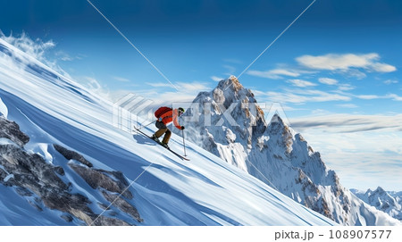 Image of tourists making a fast and thrilling downhill ski descent from a mountain peak 108907577