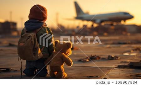 poor boy with a teddy bear watching an airplane depart 108907884
