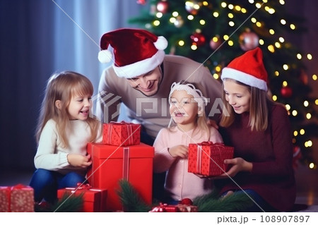 happy family with Merry Christmas magic gift near tree at evening at home 108907897
