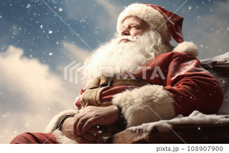santa claus laying on roof watching snowy sky 108907900
