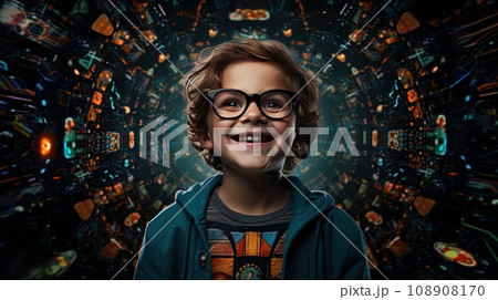 charming young boy, donning glasses, stands and beams with a delightful smile directed at the camera 108908170